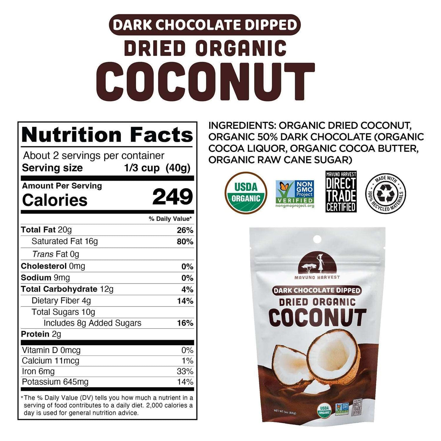 Organic Dried Coconut Dipped in Dark Chocolate - Skoutley Outdoors LLC