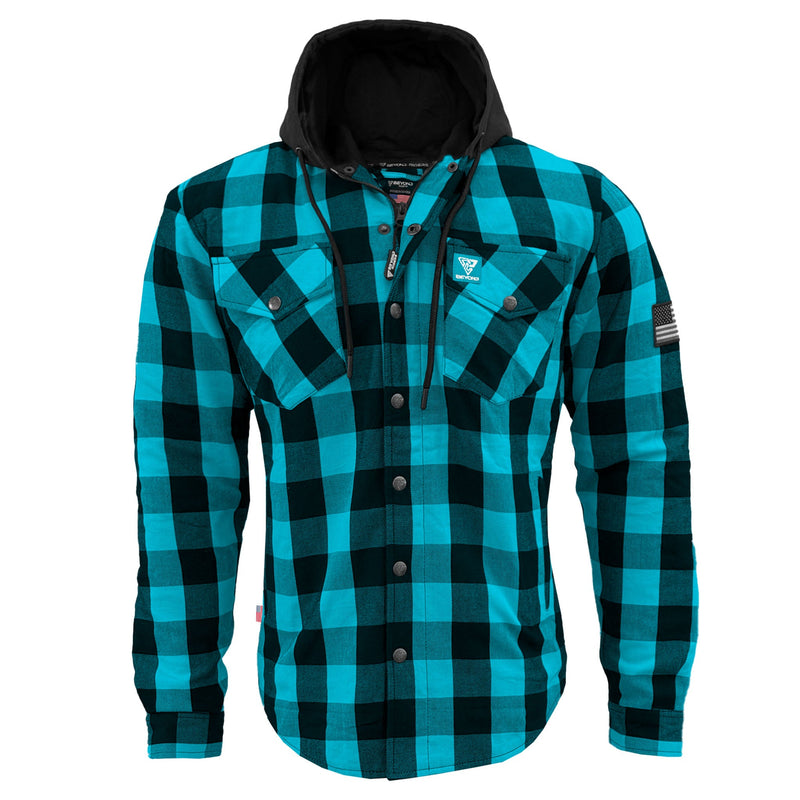 Load image into Gallery viewer, Protective Flannel Hoodie For Men - Aqua Blue and Black Checkered with Pads