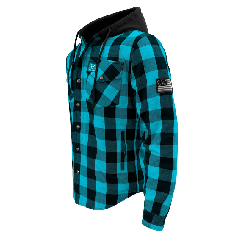 Load image into Gallery viewer, Protective Flannel Hoodie For Men - Aqua Blue and Black Checkered with Pads