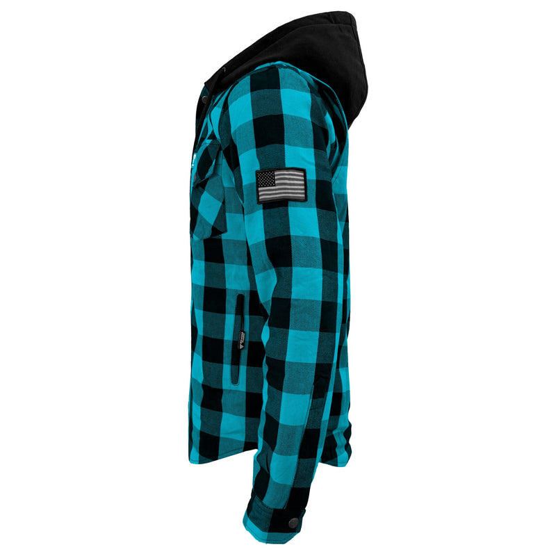 Load image into Gallery viewer, Protective Flannel Hoodie For Men - Aqua Blue and Black Checkered with Pads