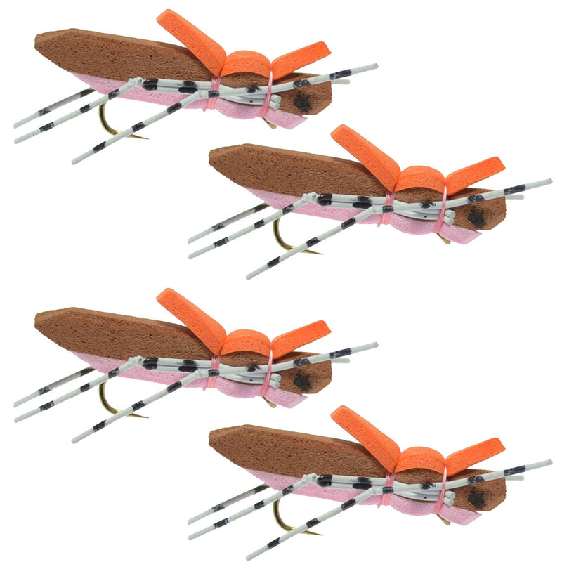 Load image into Gallery viewer, 4 Pack Moorish Hopper Brown Pink Foam Body Grasshopper Fly - Hook Size 10