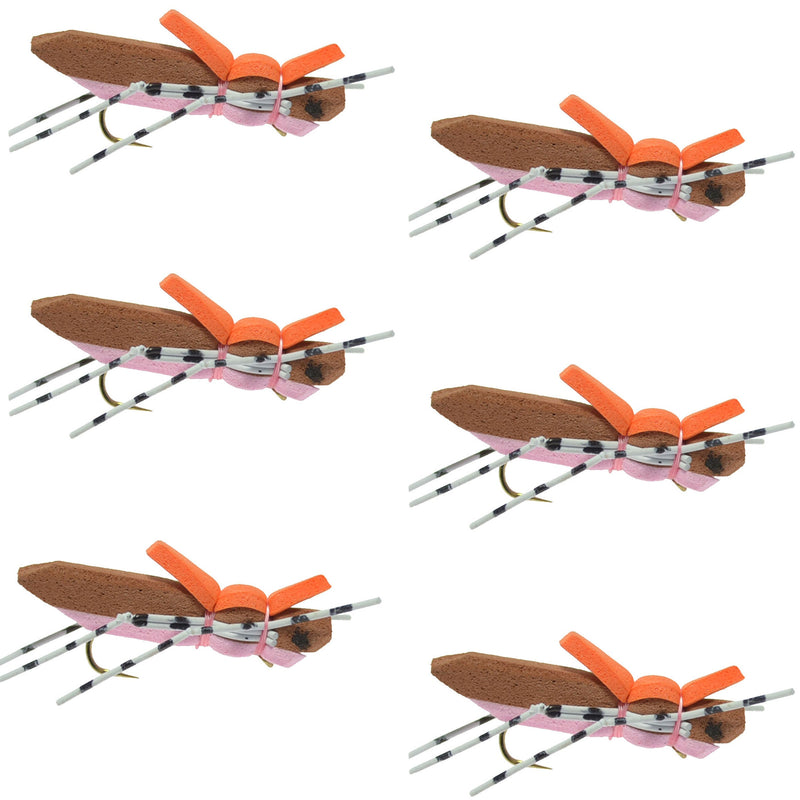Load image into Gallery viewer, Moorish Hopper Brown Pink Foam Body Grasshopper Fly - 6 Flies Hook Size 10
