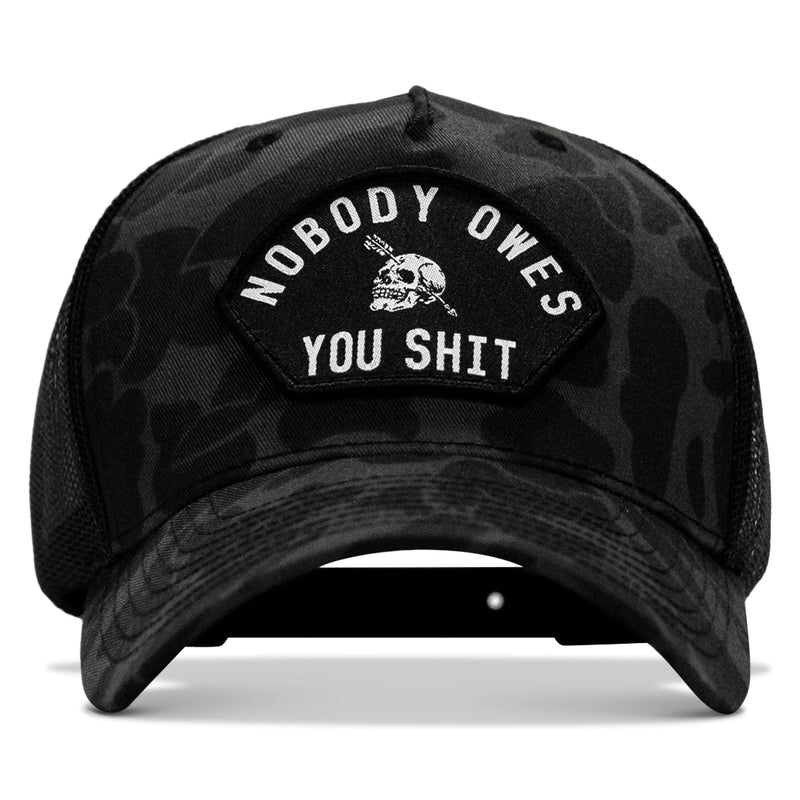 Load image into Gallery viewer, Nobody Owes You Shit Arched Skull Patch Snapback