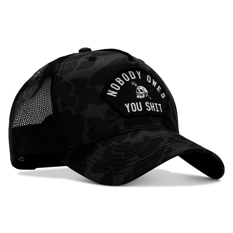 Load image into Gallery viewer, Nobody Owes You Shit Arched Skull Patch Snapback