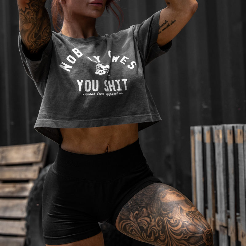 Load image into Gallery viewer, Nobody Owes You Shit Skull Women's Crop Heavyweight Tee