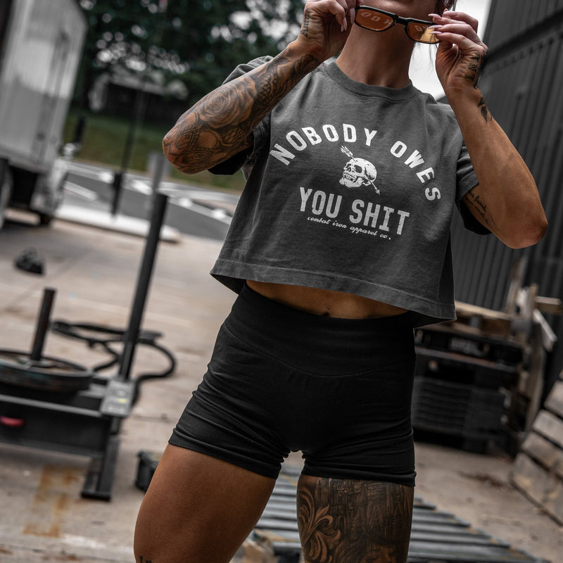 Load image into Gallery viewer, Nobody Owes You Shit Skull Women's Crop Heavyweight Tee