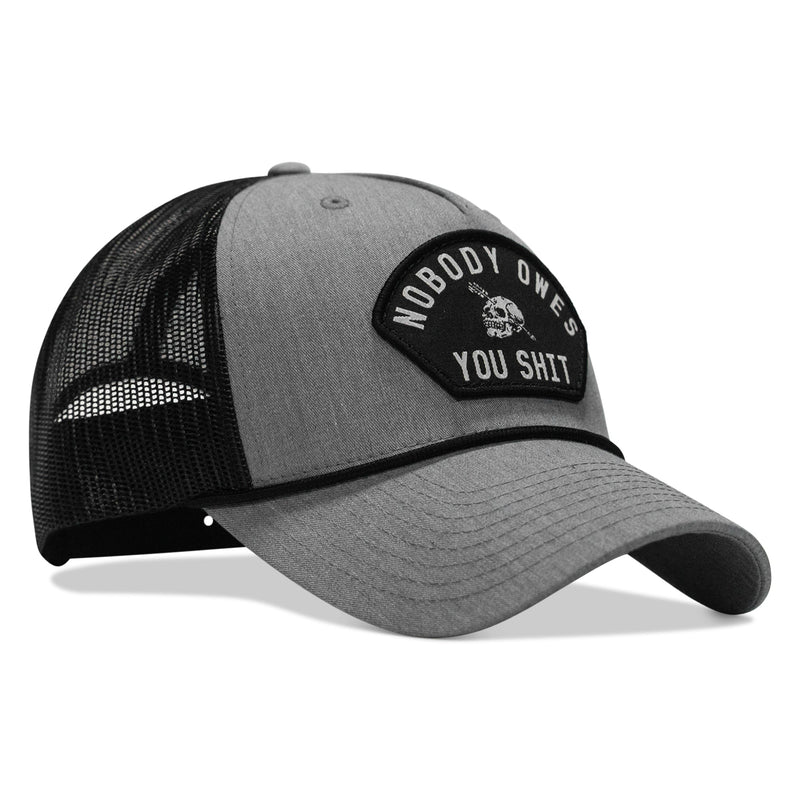 Load image into Gallery viewer, Nobody Owes You Shit Skull Arched Patch Rope Snapback