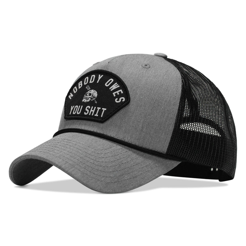 Load image into Gallery viewer, Nobody Owes You Shit Skull Arched Patch Rope Snapback
