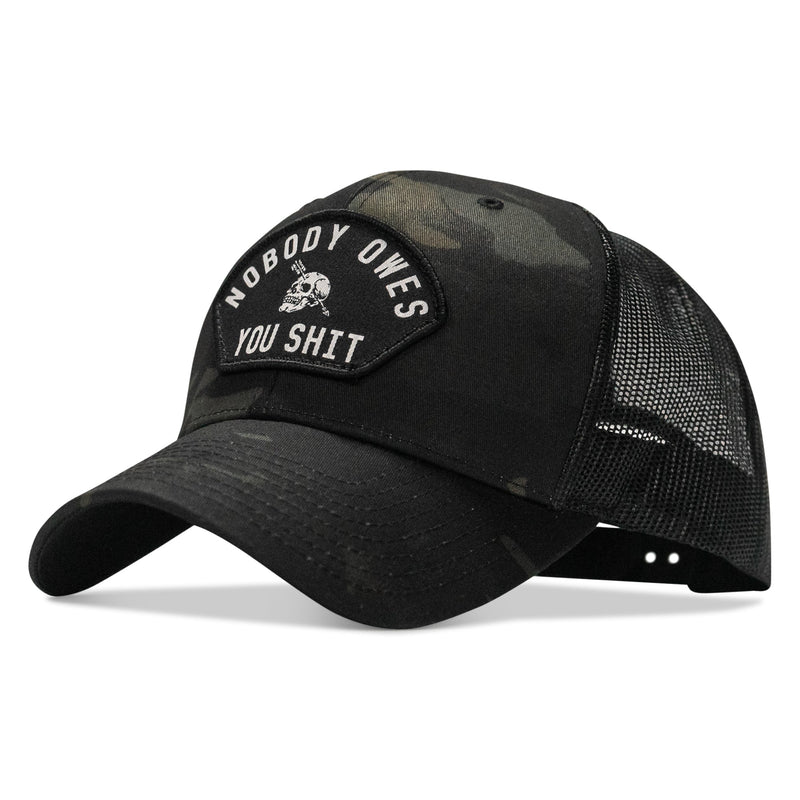Load image into Gallery viewer, Nobody Owes You Shit Arched Skull Patch Snapback
