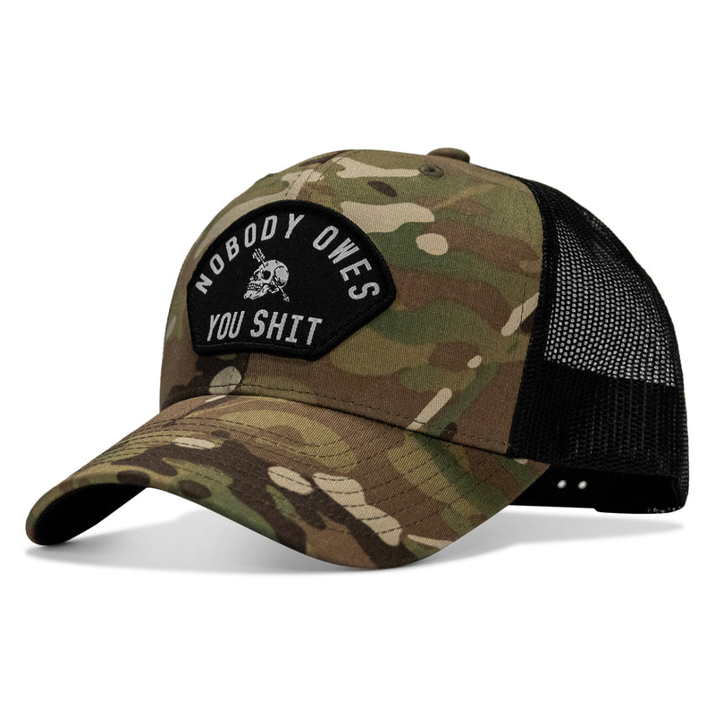 Load image into Gallery viewer, Nobody Owes You Shit Arched Skull Patch Snapback