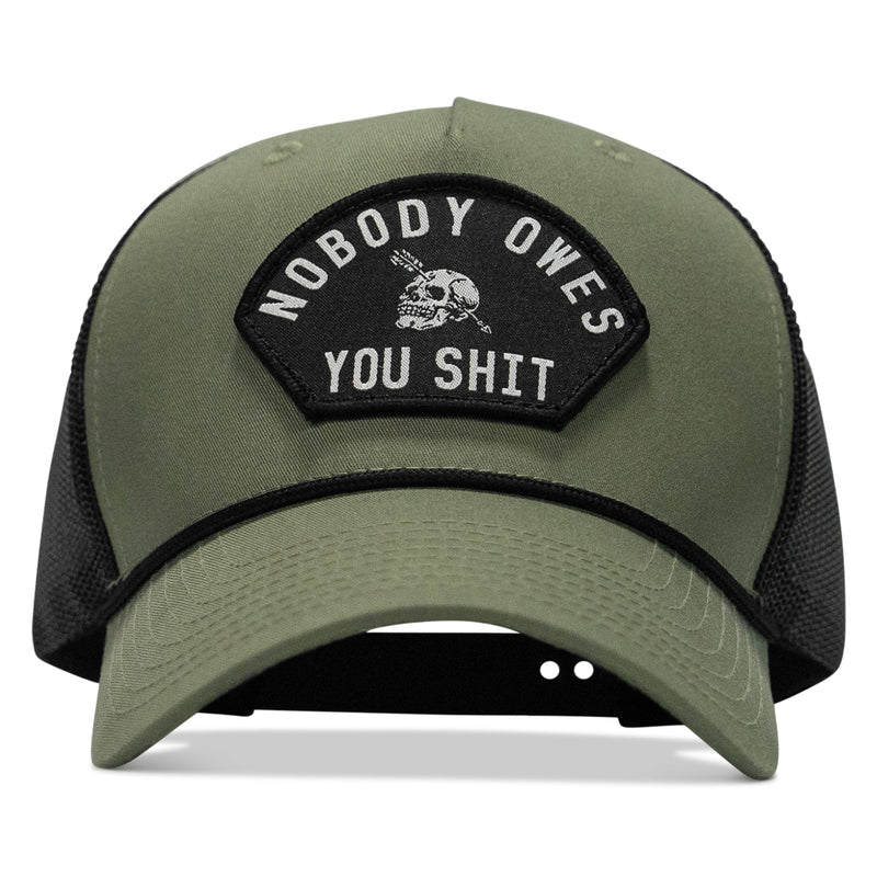 Load image into Gallery viewer, Nobody Owes You Shit Skull Arched Patch Rope Snapback