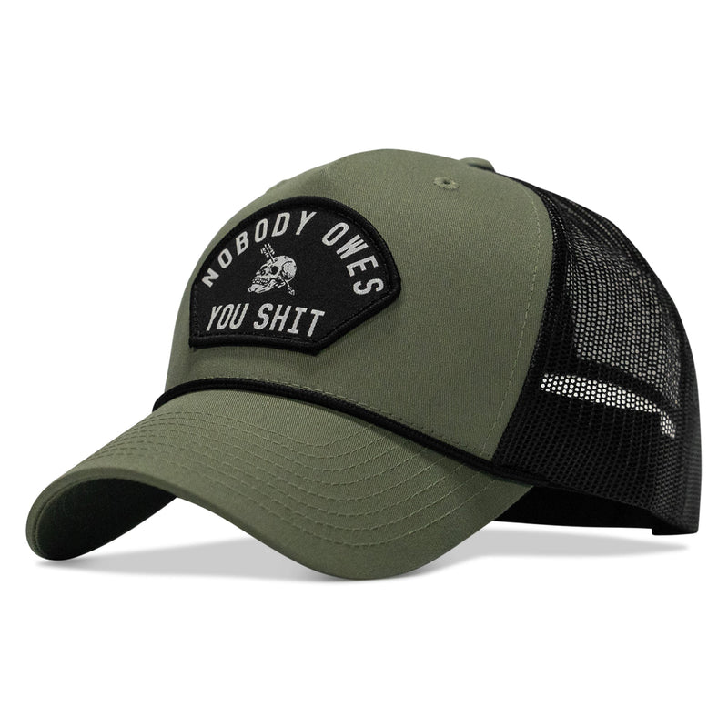 Load image into Gallery viewer, Nobody Owes You Shit Skull Arched Patch Rope Snapback