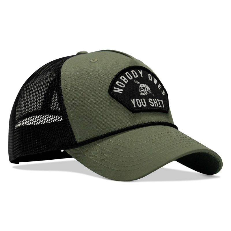 Load image into Gallery viewer, Nobody Owes You Shit Skull Arched Patch Rope Snapback