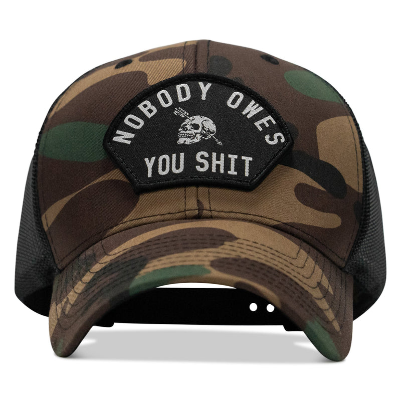 Load image into Gallery viewer, Nobody Owes You Shit Arched Skull Patch Snapback