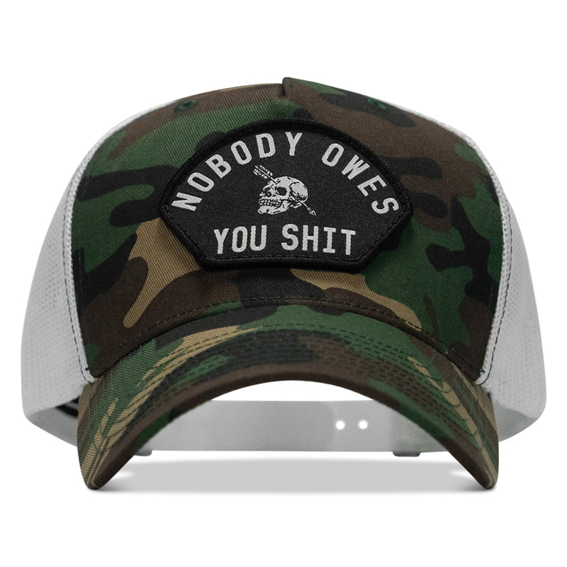 Load image into Gallery viewer, Nobody Owes You Shit Arched Skull Patch Snapback