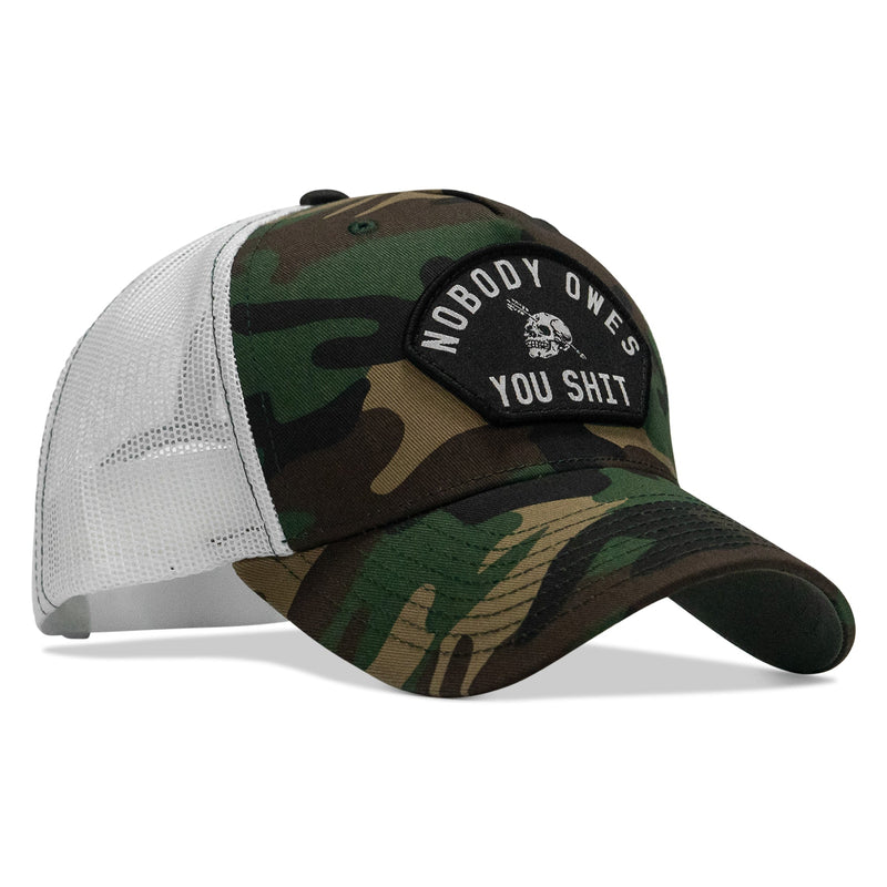 Load image into Gallery viewer, Nobody Owes You Shit Arched Skull Patch Snapback