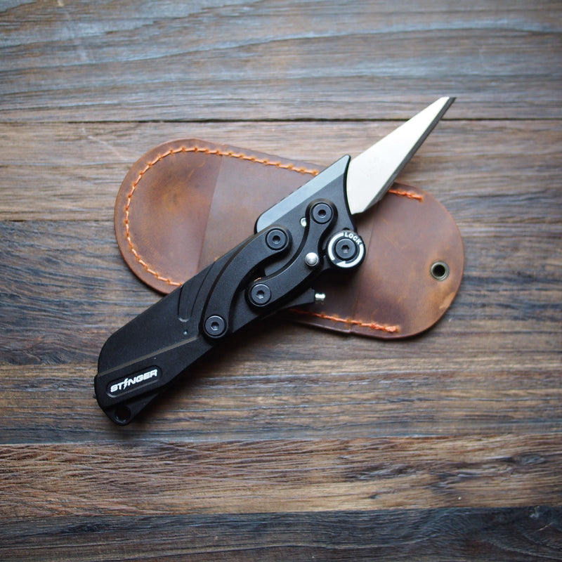 Load image into Gallery viewer, Stinger Olfa Evolution Edge with Leather Pouch, Folding Pocket Utility - Matte Black