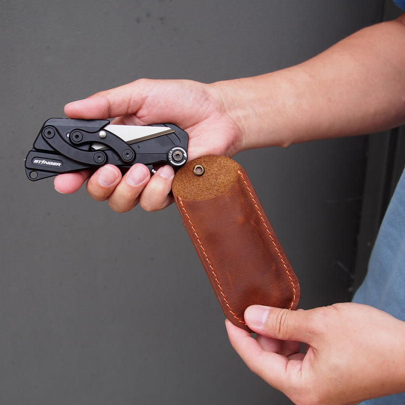 Load image into Gallery viewer, Stinger Olfa Evolution Edge with Leather Pouch, Folding Pocket Utility - Matte Black