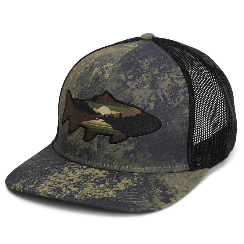 Load image into Gallery viewer, Sunset Trout Fly Fishing Mesh Back Hat Fish Mountain Silhouette