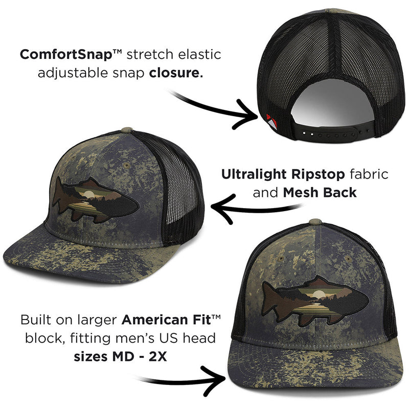 Load image into Gallery viewer, Sunset Trout Fly Fishing Mesh Back Hat Fish Mountain Silhouette
