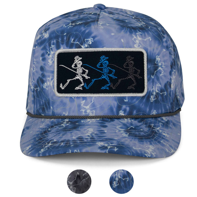 Load image into Gallery viewer, Dancing Skeletons Fly Fishing Trucker Tie Dye Rope Cap