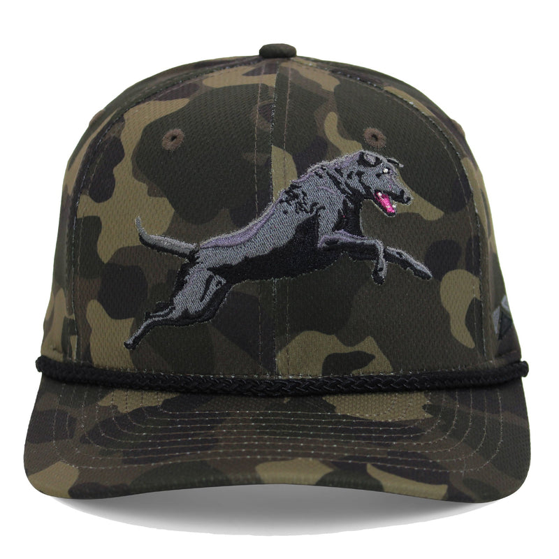Load image into Gallery viewer, Black Lab Performance Rope Cap on Dark Old School Camo