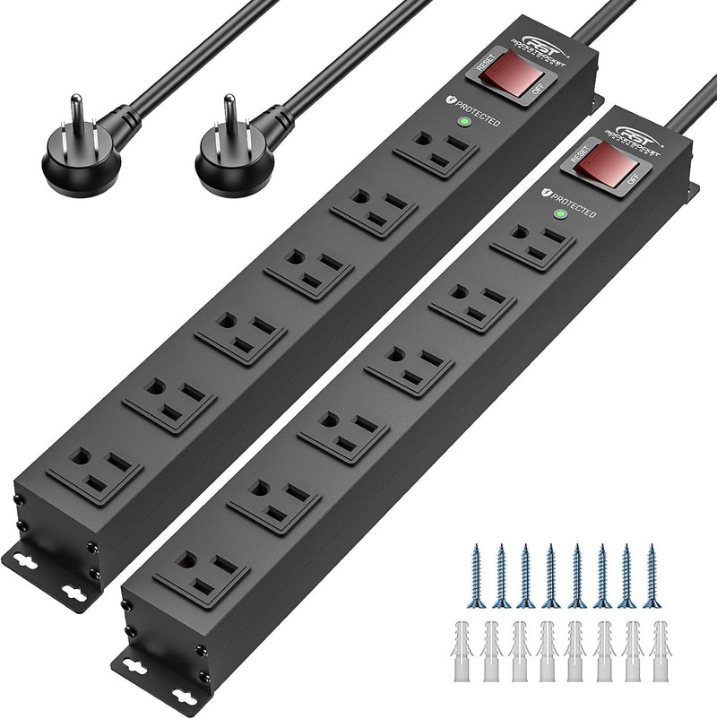 Load image into Gallery viewer, CRST 2PK Wider Spaced 6 Outlet Metal Surge Protector Power Strip 2100J 15A 1875W Heavy Duty Mountable Power Bar 6FT Flat Plug Extension Cord