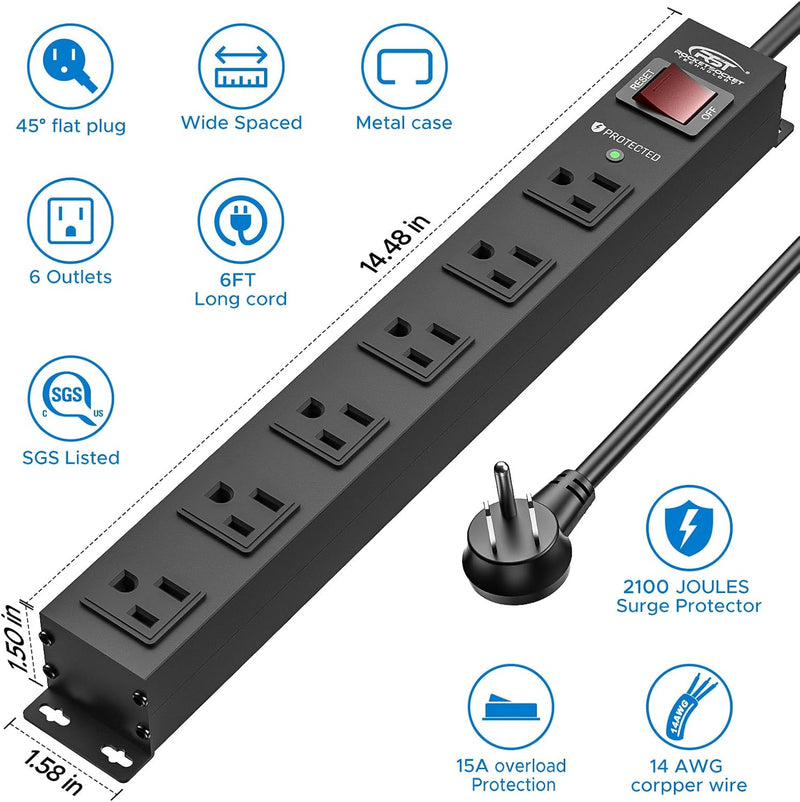 Load image into Gallery viewer, CRST 2PK Wider Spaced 6 Outlet Metal Surge Protector Power Strip 2100J 15A 1875W Heavy Duty Mountable Power Bar 6FT Flat Plug Extension Cord