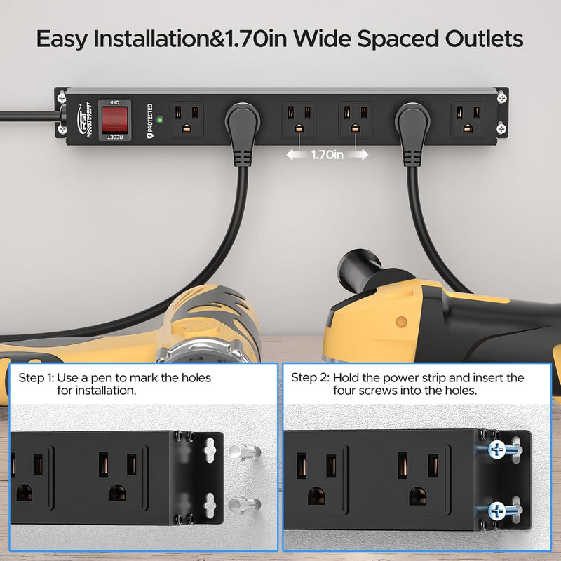 Load image into Gallery viewer, CRST 2PK Wider Spaced 6 Outlet Metal Surge Protector Power Strip 2100J 15A 1875W Heavy Duty Mountable Power Bar 6FT Flat Plug Extension Cord