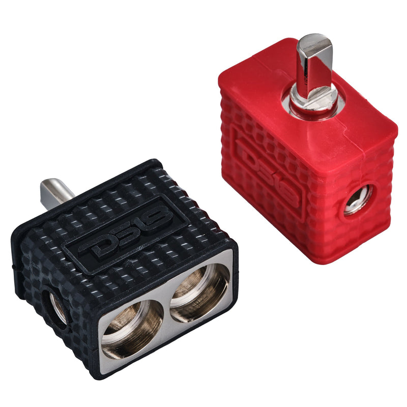 Load image into Gallery viewer, Dual 1/0-GA to 1/4-GA Amp Input Reducers with Offset Stub and Silicone Cover - BLACK/RED
