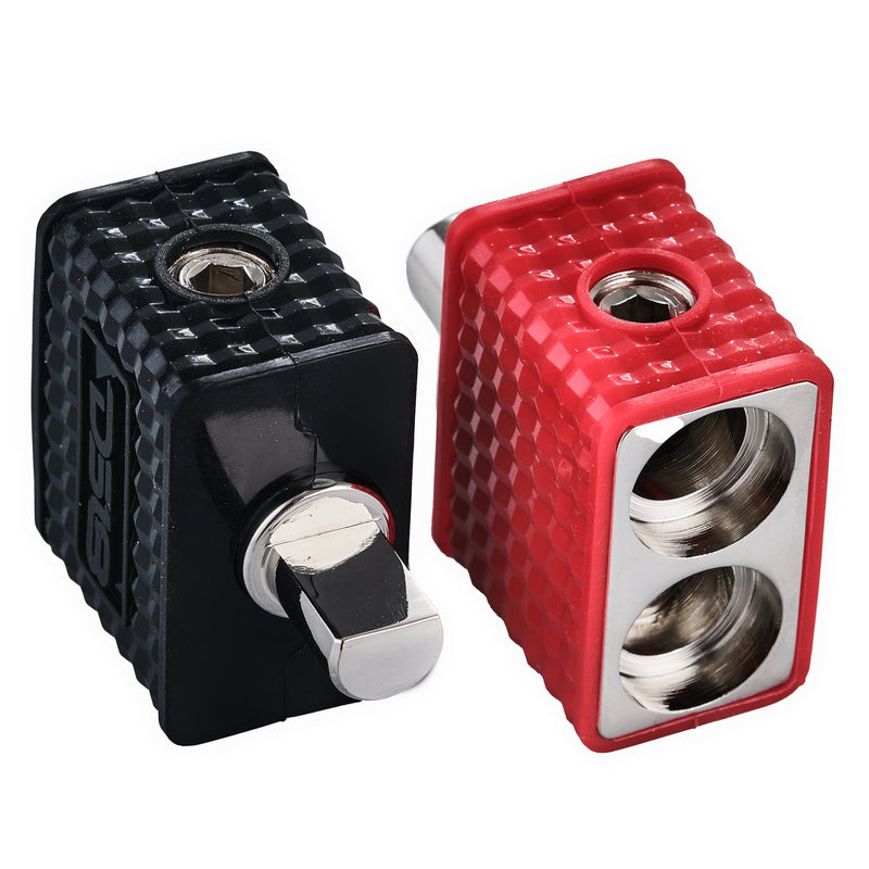 Load image into Gallery viewer, Dual 1/0-GA to 1/0-GA Amp Input Reducers with Offset Stub and Silicone Cover - BLACK/RED