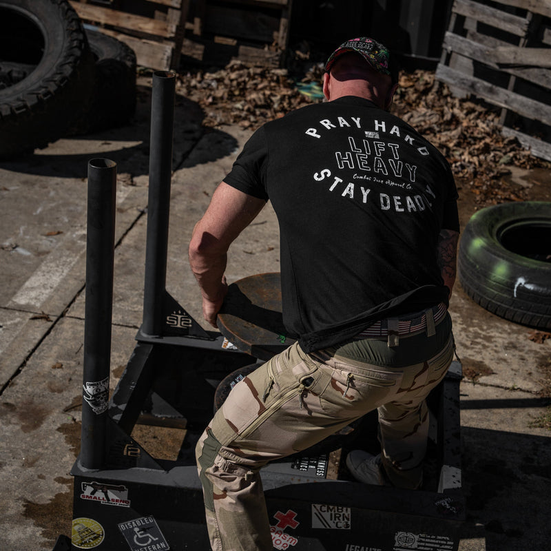 Load image into Gallery viewer, Pray Hard. Lift Heavy. Stay Deadly. Men's T-Shirt
