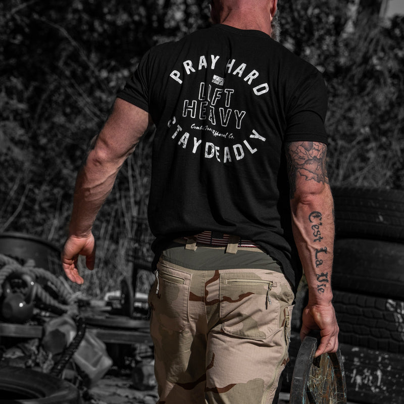 Load image into Gallery viewer, Pray Hard. Lift Heavy. Stay Deadly. Men's T-Shirt