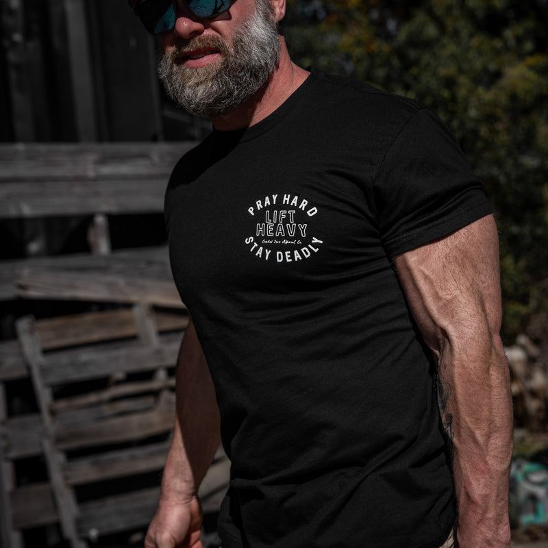 Load image into Gallery viewer, Pray Hard. Lift Heavy. Stay Deadly. Men's T-Shirt