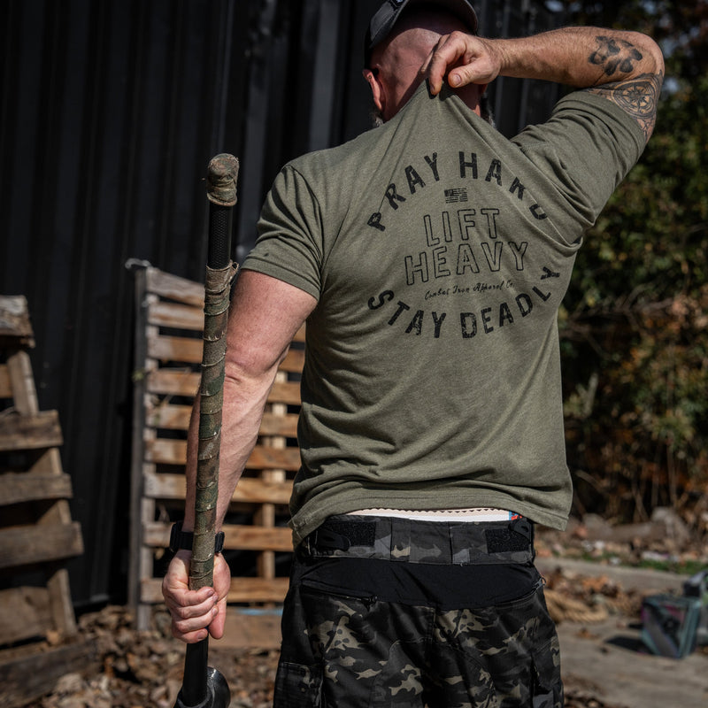 Load image into Gallery viewer, Pray Hard. Lift Heavy. Stay Deadly. Men's T-Shirt