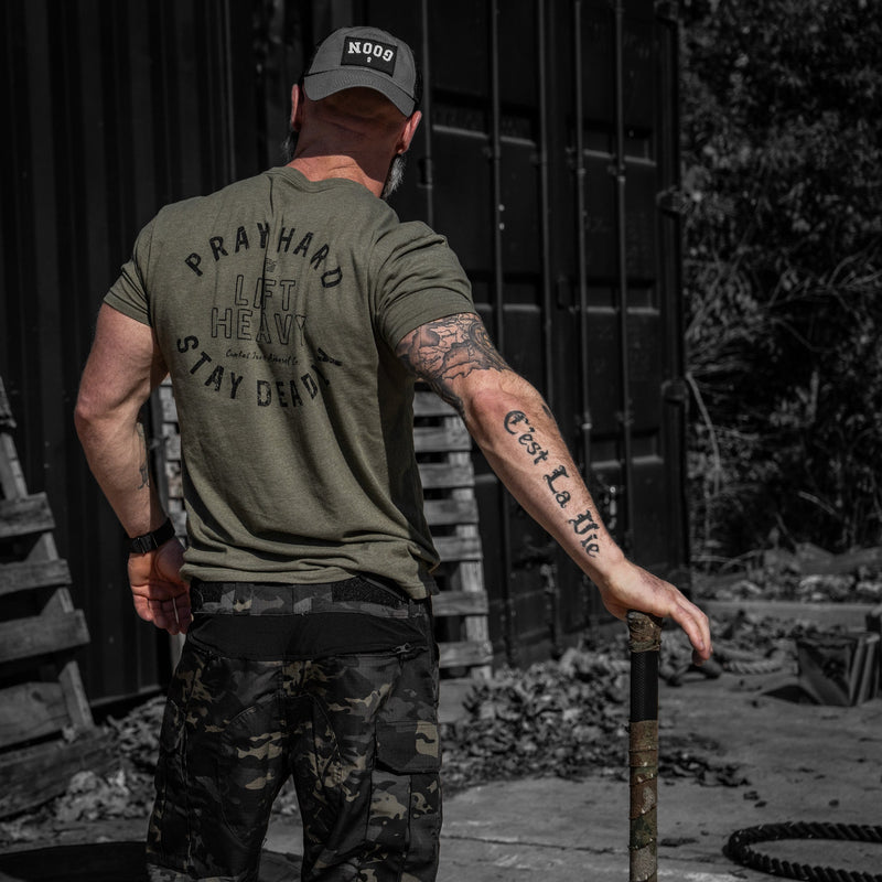 Load image into Gallery viewer, Pray Hard. Lift Heavy. Stay Deadly. Men's T-Shirt