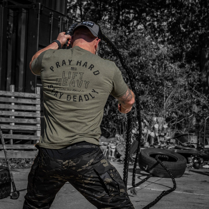 Load image into Gallery viewer, Pray Hard. Lift Heavy. Stay Deadly. Men's T-Shirt