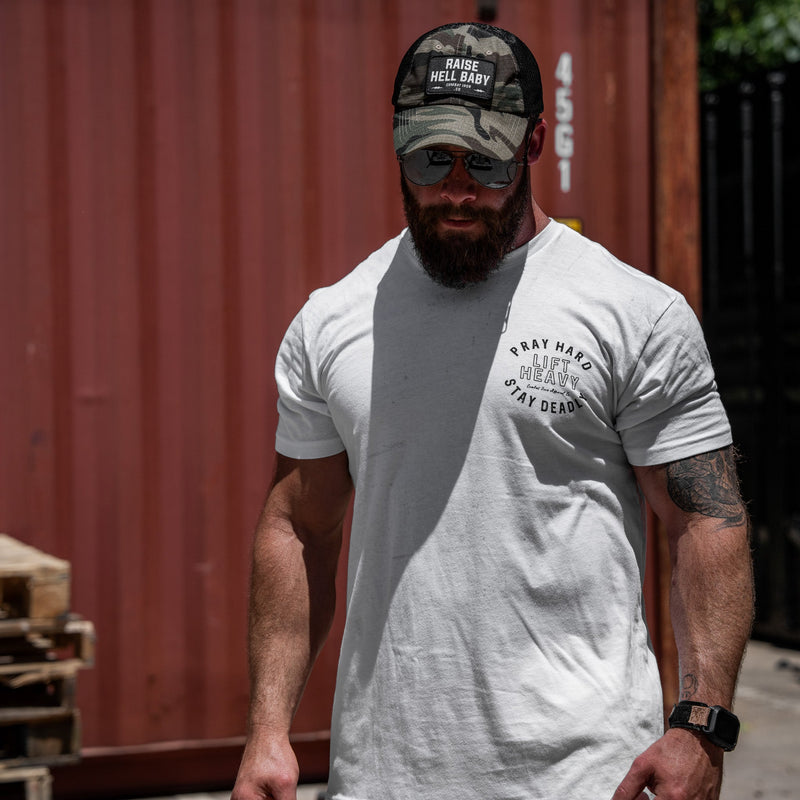 Load image into Gallery viewer, Pray Hard. Lift Heavy. Stay Deadly. Men's T-Shirt