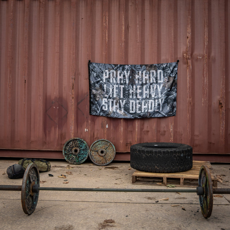 Load image into Gallery viewer, Pray Hard. Lift Heavy. Stay Deadly. 3' x 5' Flag