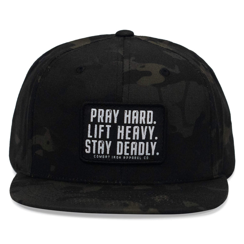Load image into Gallery viewer, Pray Hard. Lift Heavy. Stay Deadly. Flat Bill SnapBack Hat