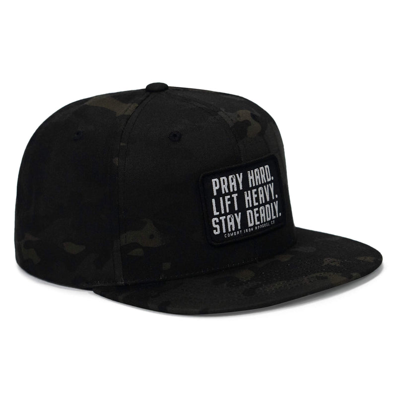 Load image into Gallery viewer, Pray Hard. Lift Heavy. Stay Deadly. Flat Bill SnapBack Hat