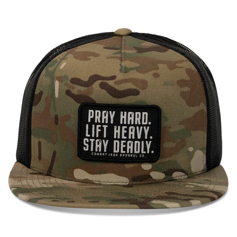 Load image into Gallery viewer, Pray Hard. Lift Heavy. Stay Deadly. Flat Bill SnapBack Hat