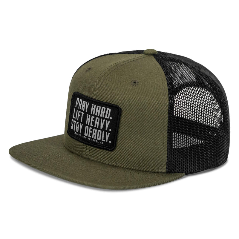 Load image into Gallery viewer, Pray Hard. Lift Heavy. Stay Deadly. Flat Bill SnapBack Hat