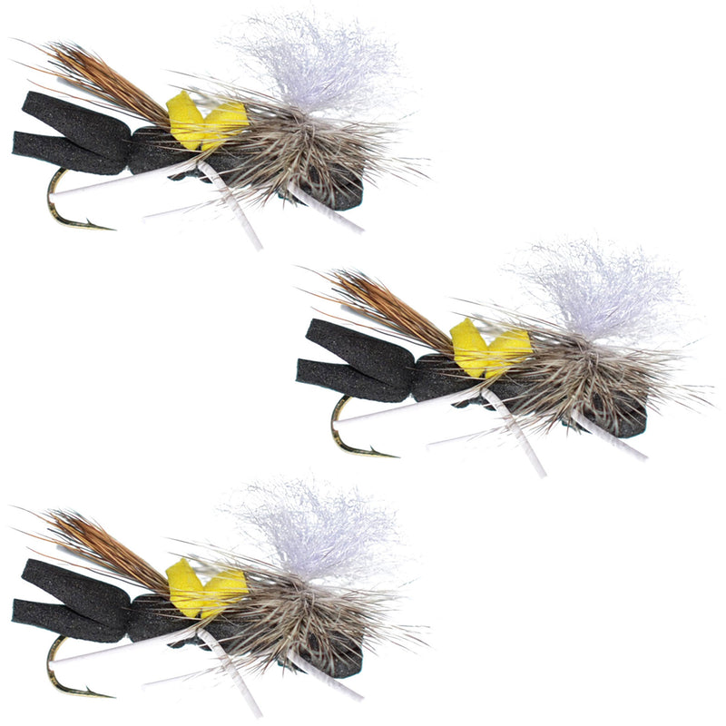 Load image into Gallery viewer, 3 Pack Parachute Chernobyl Ant Black Yellow Top Foam Body Grasshopper Fly Hook Size 10