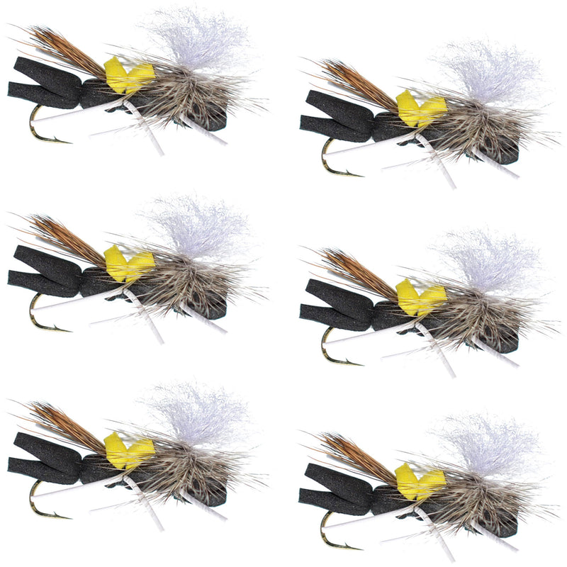 Load image into Gallery viewer, Parachute Chernobyl Ant Black Yellow Top Foam Body Grasshopper Fly 6 Flies Hook Size 10