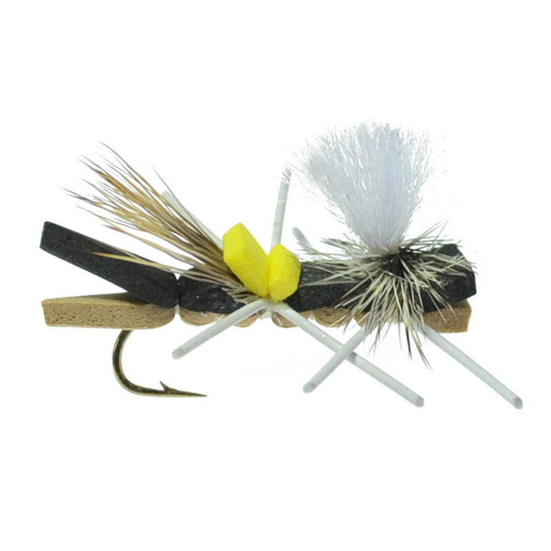 Load image into Gallery viewer, Pack Parachute Chernobyl Ant Black Tan Foam Body Grasshopper Fly 6 Flies Hook Size 10