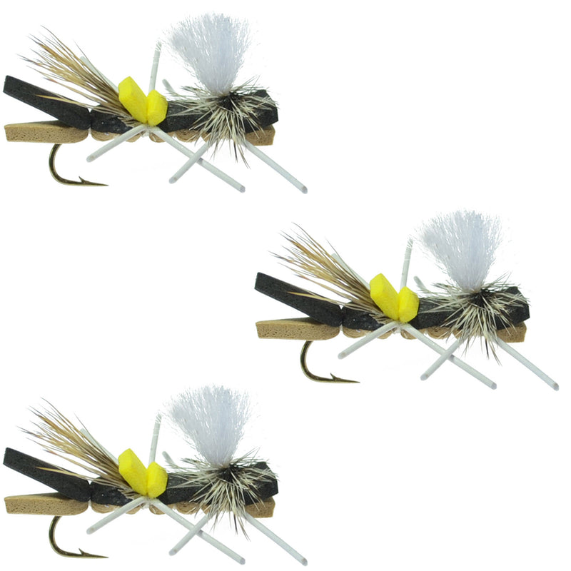Load image into Gallery viewer, Pack Parachute Chernobyl Ant Black Tan Foam Body Grasshopper Fly 6 Flies Hook Size 10