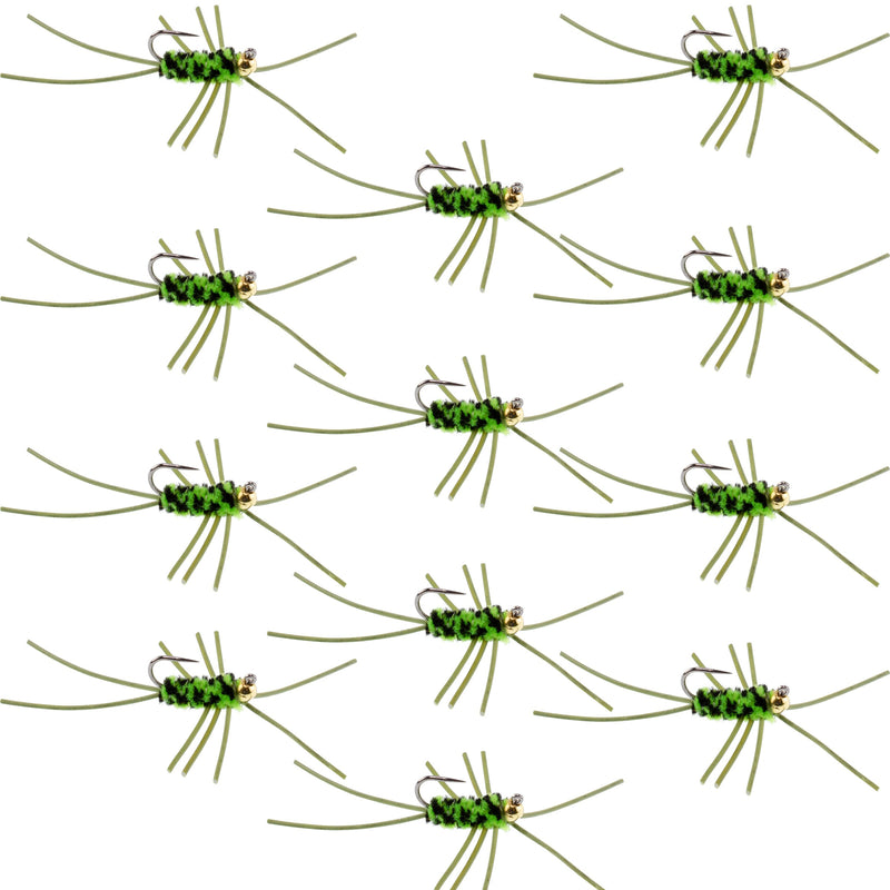 Load image into Gallery viewer, Barbless Pat's Rubber Legs Tungsten Bead Jigged Black/Chartreuse Euro Nymph - Set of 12 Flies Hook Size 10