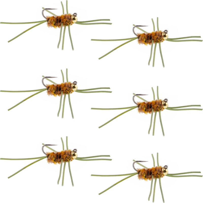 Load image into Gallery viewer, Barbless Pat's Rubber Legs Tungsten Bead Jigged Coffee/Tan Euro Nymph - Set of 6 Flies Hook Size 10