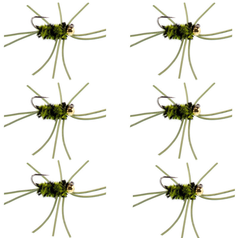 Load image into Gallery viewer, Barbless Pat's Rubber Legs Tungsten Bead Jigged Olive/Black Euro Nymph - Set of 6 Flies Hook Size 10